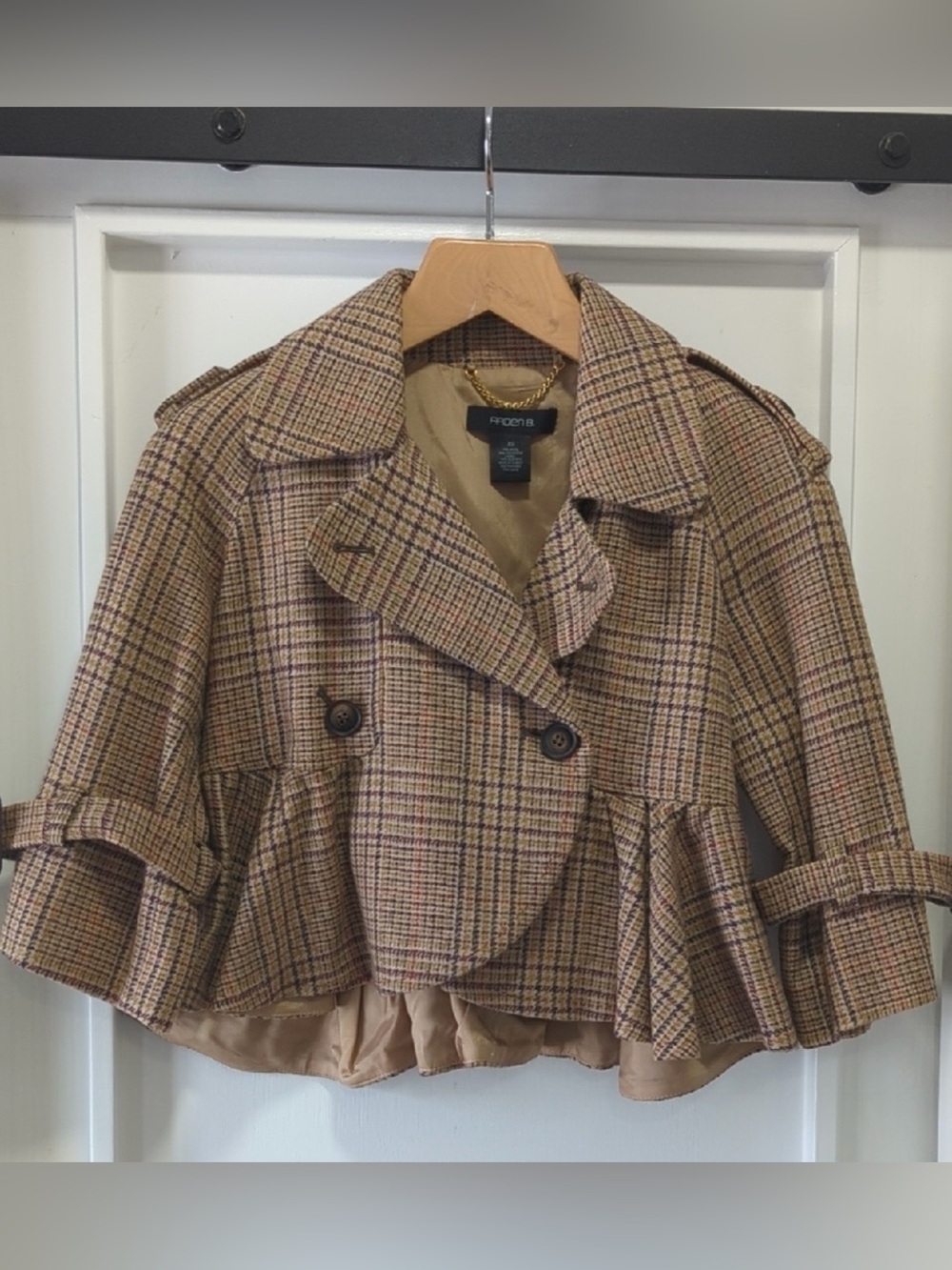 Arden B Tan and Brown Plaid Double Breasted Cropped Trench Coat Size XS